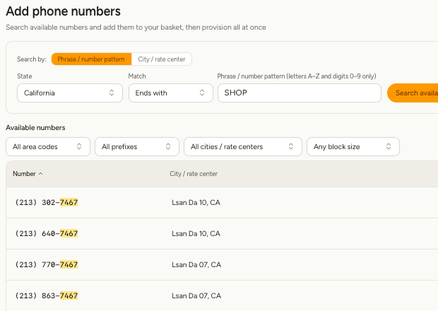 Searching for an available phone number in RetailPhone